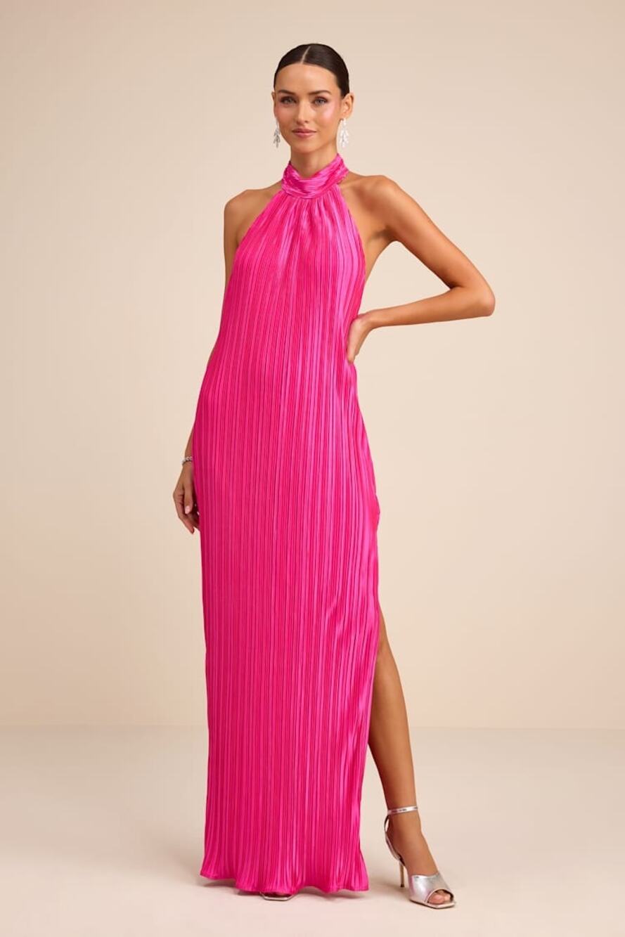 NWT Lulus Gwenny Hot Pink Satin Plisse Maxi Dress Halter Backless Party Size XS
